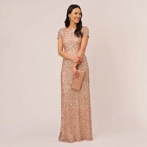 Adrianna Papell Scoop Back Sequin Gown Rose Gold Size 8